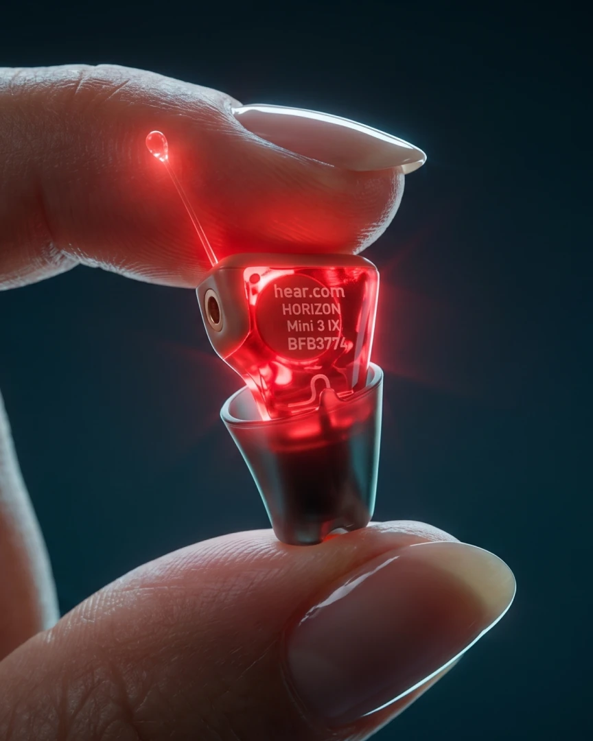 A glowing red hearing aid held between two fingers, from a hear.com campaign