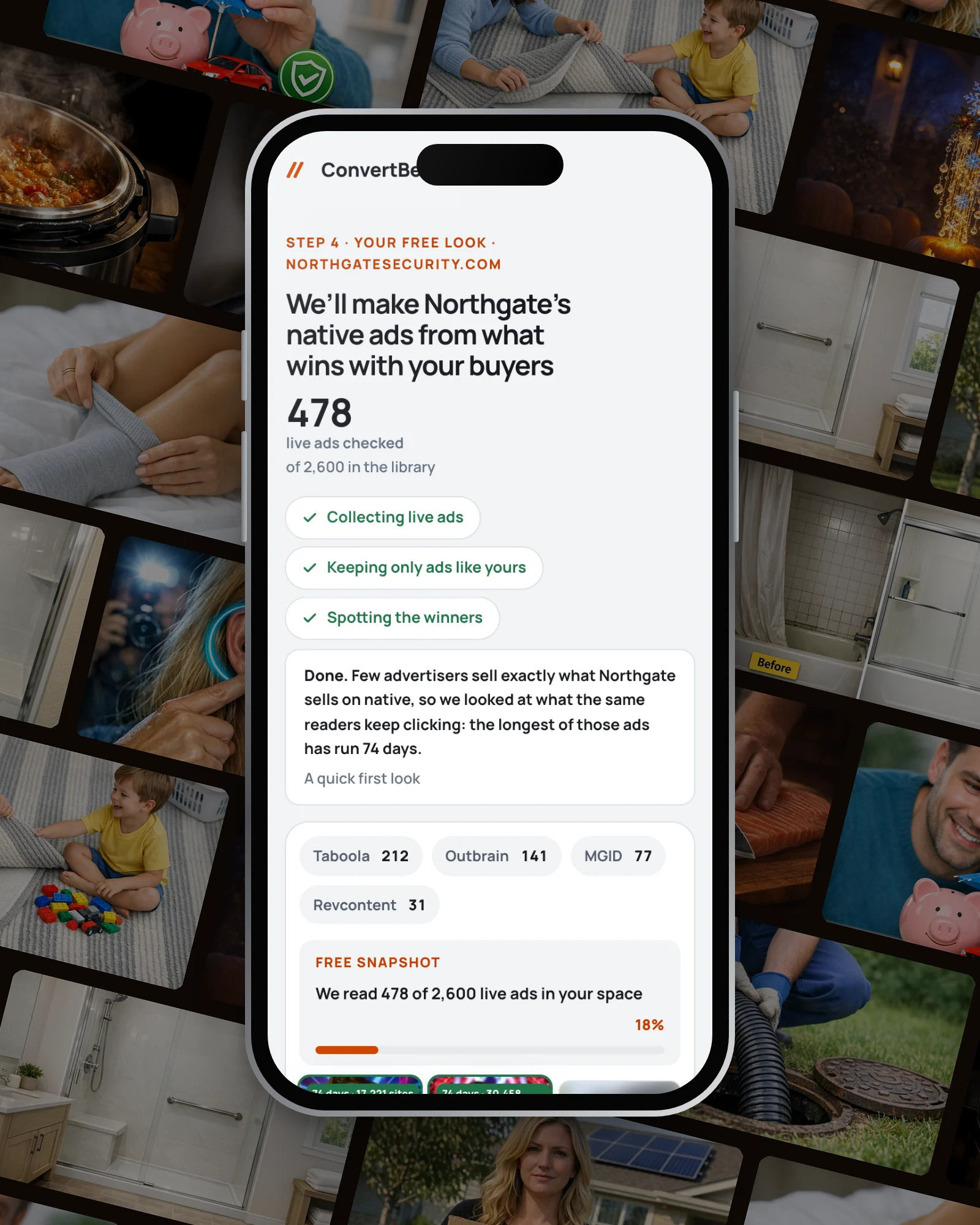 ConvertBetterAds on an iPhone over a field of ads it made: 478 live ads checked