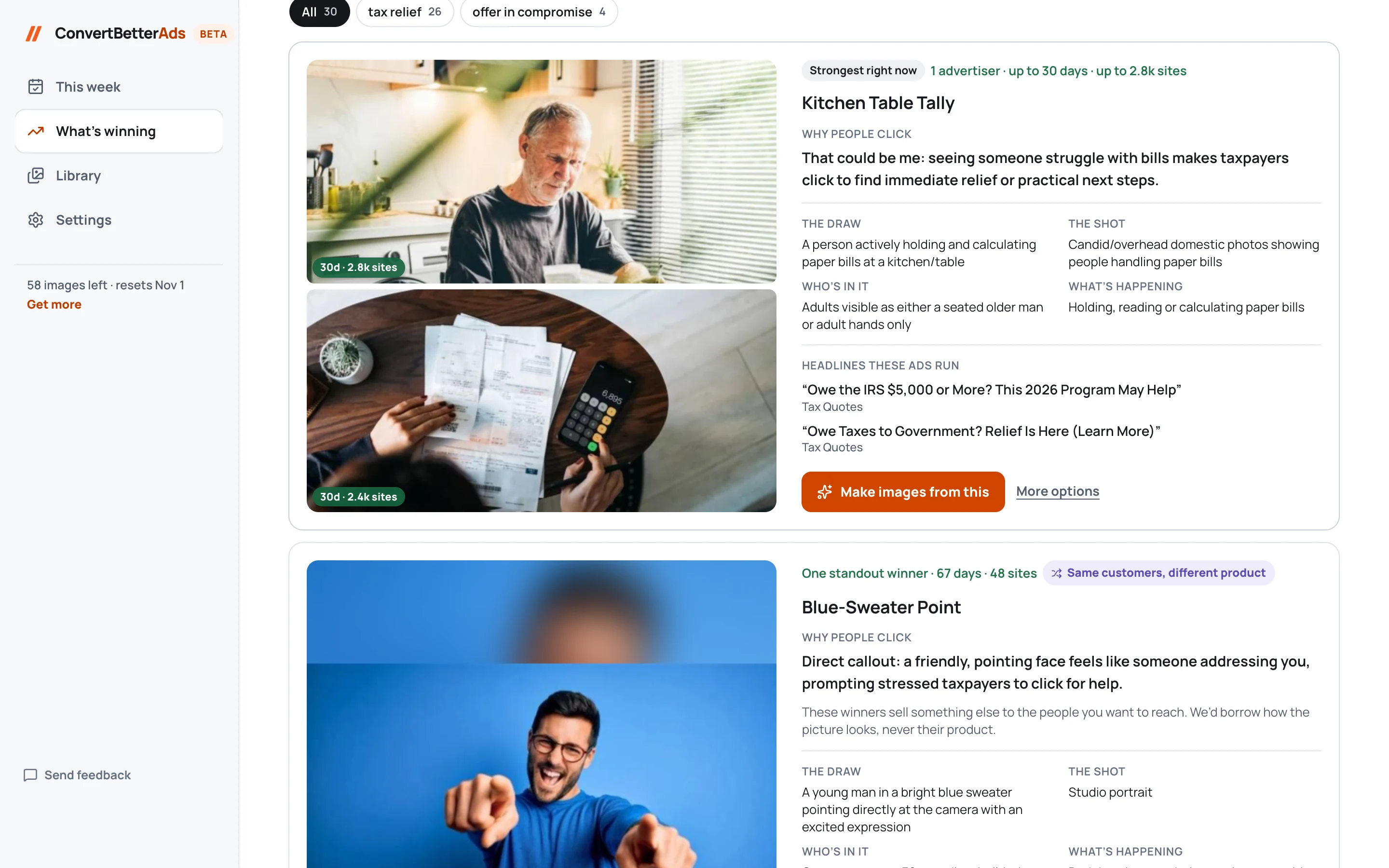 A winning style in tax relief, broken down: why people click and the headlines those ads run